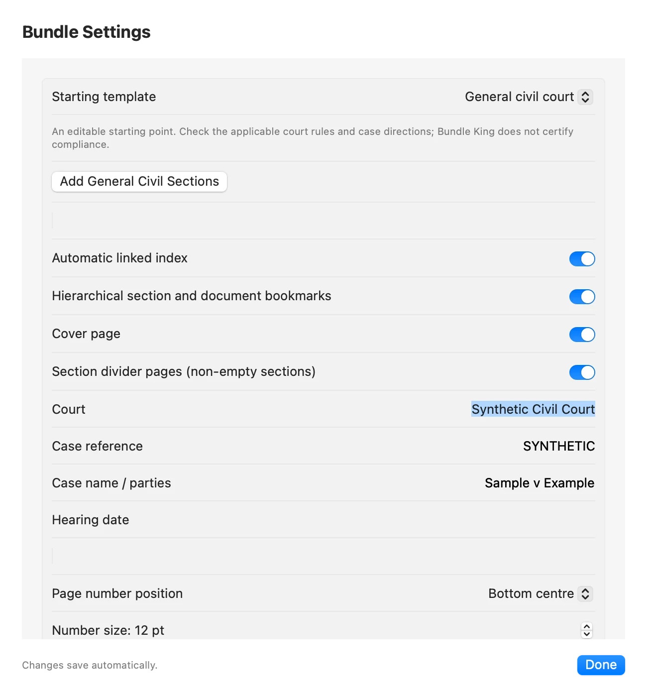 Actual Bundle King export settings showing linked index, bookmarks, cover page, dividers and page-number placement with synthetic case details.