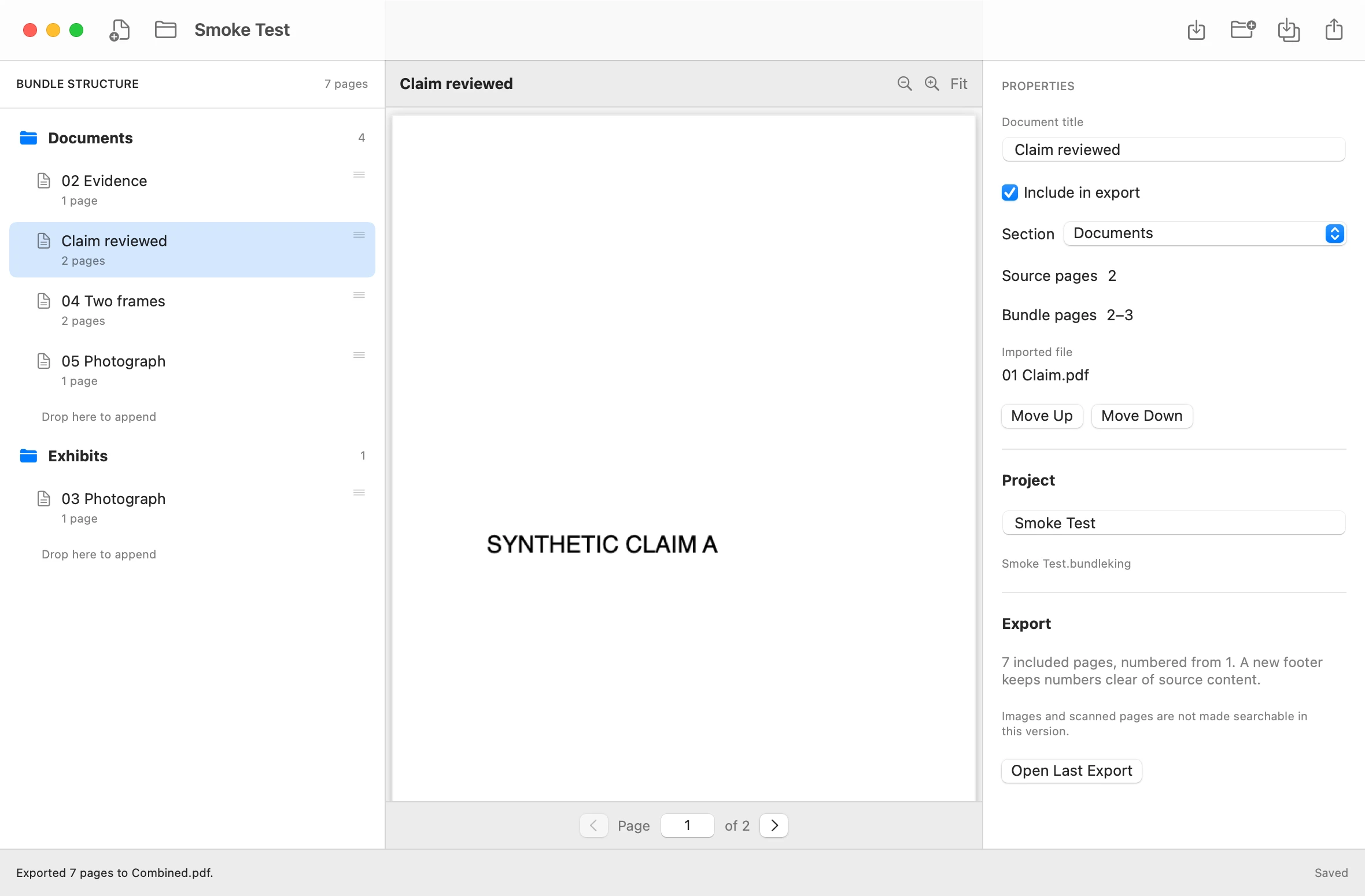 Bundle King’s native three-panel Mac interface with a document outline, PDF preview and properties. Actual development build with synthetic sample documents.